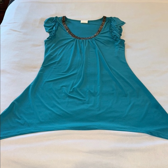 Clientele Shirt Embellished Short Flutter Sleeve Asymmetric Tunic Teal Burgundy - Picture 9 of 15